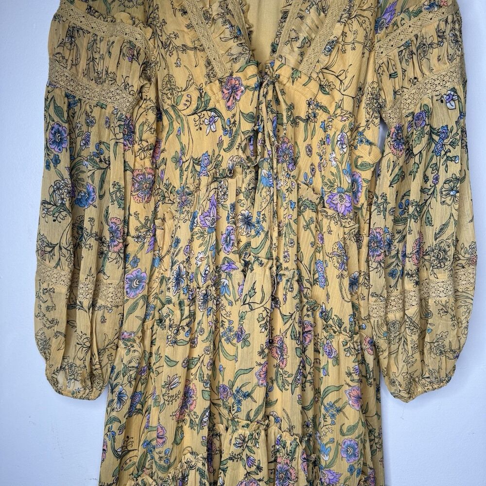 Free People Cassis Chiffon Maxi Dress Turmeric Floral Tiered Boho Festival Large - Picture 7 of 15